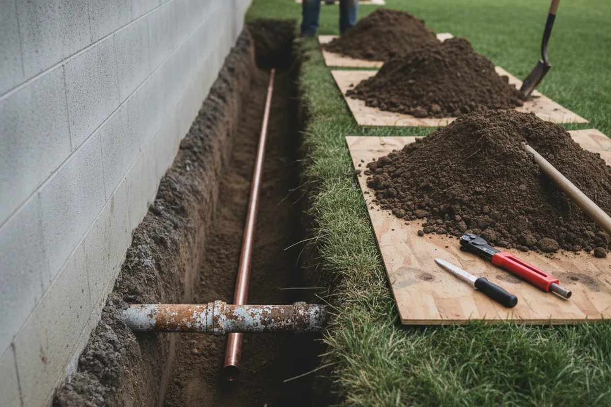 Excavated water line trench during Water Softener Installation in Polk